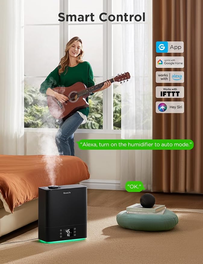 GoveeLife Smart Humidifiers for Bedroom Large Room, Top-Fill Cool Mist 6L WiFi Air Humidifier, Auto Mode, App & Voice Control, 60H Runtime, Rapid Humidification, RGB Nightlight Baby Plants, Black - Image 2