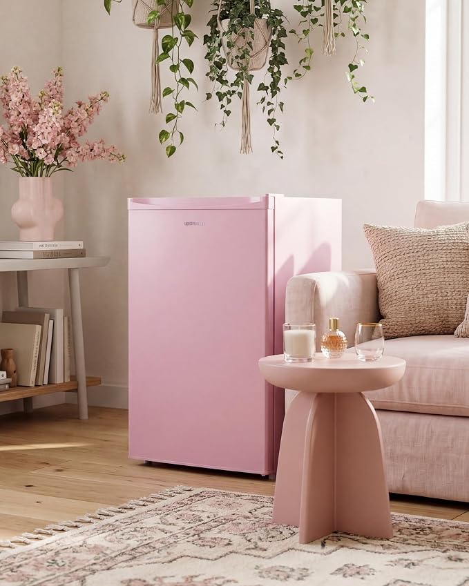 Upstreman 3.2 Cu.Ft Mini Fridge with Freezer, Pink-BR321 | Adjustable Thermostat, Energy Saving, Low Noise, Reversible Door, Small Refrigerator for Dorm, Bedroom, Office - Image 9