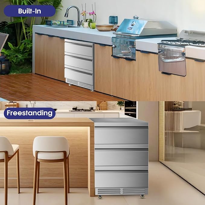 3 Drawers Beverage Refrigerator, 190 Cans 24'' Beverage Fridge with Wheels, Outdoor Waterproof, All Stainless Steel Body, Undercounter or Freestanding, Drink Fridge for Home, Patio & Commercial - Image 8