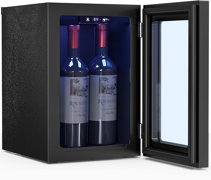 Antarctic Star 0.9Cu. Ft. Counter-top Wine Cellar Mini Fridge | 2 Bottle+6 Can Red Wine Beverage Refrigerator, Quiet, Portable, LED Light and Display, 40-61 ℉, Black by AntarcticStar