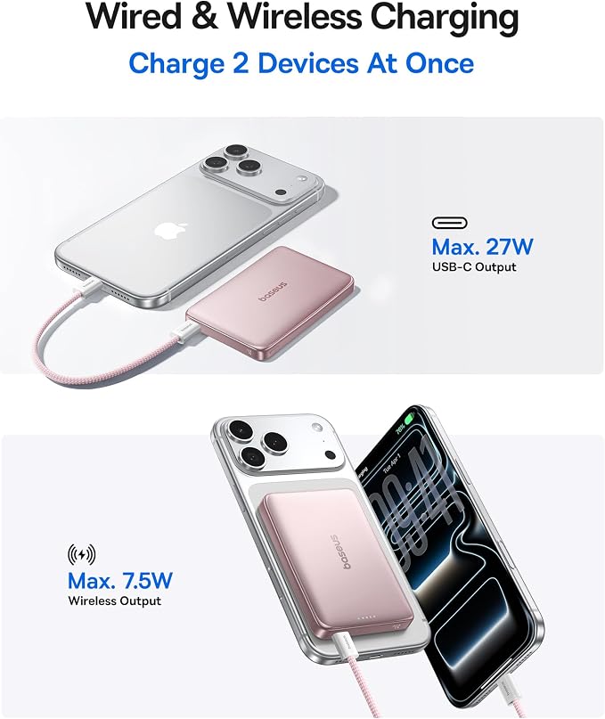 Baseus Picogo Power Bank, 0.5" Ultra Slim 10000mAh MagSafe Portable Charger, 27W Fast Charging Magnetic Battery Pack, Upgraded Polished Alloy Wireless Charger for iPhone 17 Pro Max/Air/16/15/14/13/12 - Image 3