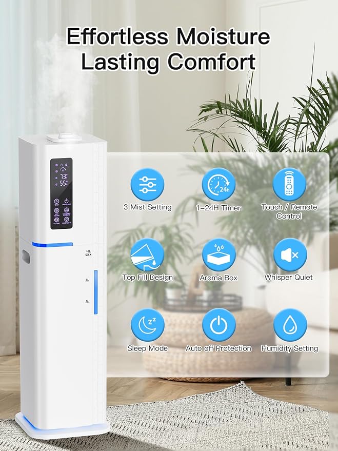 10L/2.64Gal Humidifiers for Bedroom, Top Fill Quiet Ultrasonic Cool Mist Humidifier Large Room, Covers 550ft², 60H Runtime, 24H Timer, 3 Mist Modes Humidifiers for Home, Office, Plants, White - Image 4