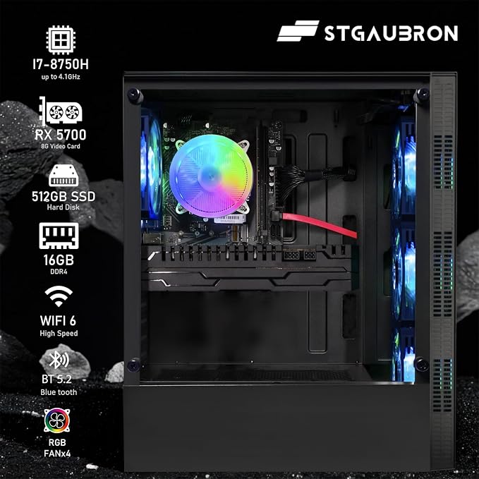 STGAubron Gaming PC Desktop,Corei7 8th Gen,RX 5700 8G,16G DDR4,512G SSD | Gaming Computer Tower for Streaming,Video Editing,Home,School,I7 up to 4.1GHz,ARGB Fan,WiFi 6,BT 5.2,4K DP,HDMI,Win11 Home - Image 3