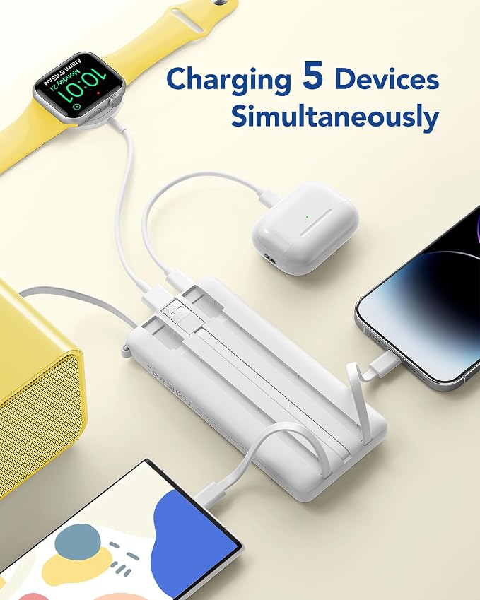 VRURC Portable Charger, Built-in Cables Power Bank 10000mAh, LED Display Slim USB C Battery Pack with 5 Output 2 Input for iPhone, Samsung, Android etc-White(1 Pack) - Image 4