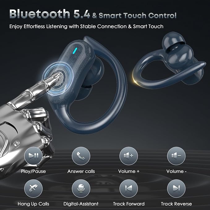TRAUSI Wireless Earbuds Bluetooth Headphones, 54H Playtime Stereo Over Ear Buds with ENC Noise Cancelling, LED Power Display, IPX7 Waterproof Sport Earphones wih Earhooks for Running/Workouts Blue - Image 4