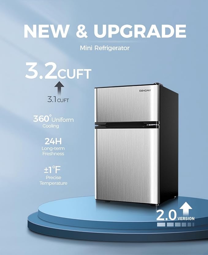 EUHOMY Mini Fridge with Freezer, 3.2 Cu.Ft Compact Refrigerator with freezer, 2 Door Mini Fridge with freezer For Dorm/Bedroom/Office/Apartment- Food Storage or Drink Beer(New Silver) - Image 2