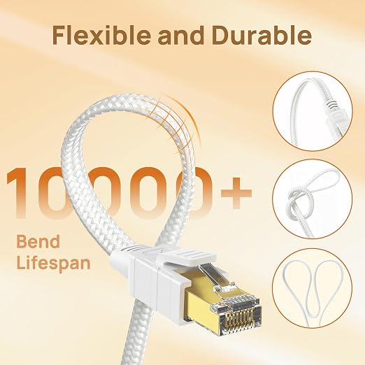 Orbram Cat 8 Ethernet Cable 30 ft White, Nylon Braided High Speed Heavy Duty - Image 5