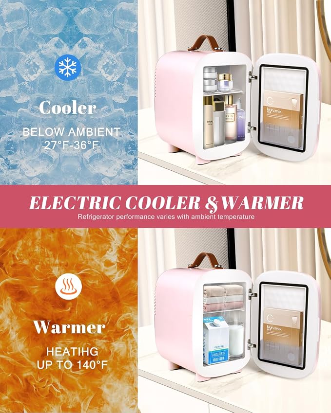 Mini Fridge for Bedroom, 4 Liter/6 Can Skincare Fridge With LED Mirror & Leather Carrying Handle,12v AC/DC Cooler & Warmer Portable Small Refrigerator for Drinks, Makeup, Dorm, Office and Car(Pink) - Image 4