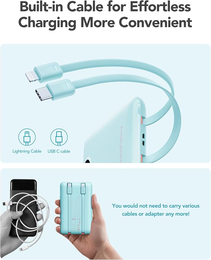 Mini Portable Charger with Built-in Cables 20W Fast Charging Power Bank USB-C Small Battery Pack 10000mAh Travel Essential Slim Battery for iPhone 17/16/15/14, Samsung 25/24, and More - Image 4
