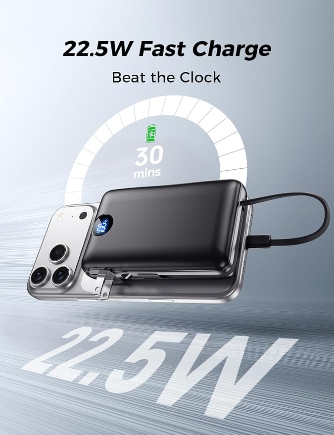 Power Bank, 50000 mAh Portable Charger with Built in Cable & Wall Plug, 22.5W Fast Charging, Travel Essential Battery Pack with LED Display for iPhone 17/16/15/14 Series, Galaxy, iPad Black - Image 3