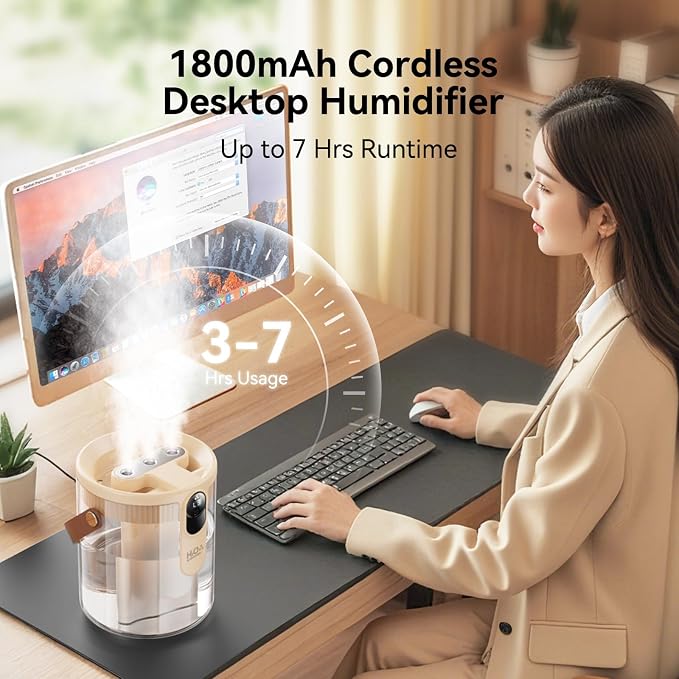 Rechargeable Portable Top Fill Humidifier, Smart Humidifiers for Bedroom, Night Light, 1.4L Cool Mist Humidifier for Office Home Plant Baby, 3-Speed Mist Control, Quiet, Auto Shut-Off (Beige) - Image 3