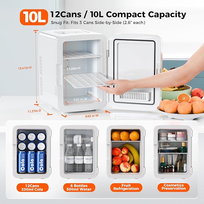 OSTBA 10L Mini Fridge, 10 Liter/15 Cans Mini Fridge for Bedroom, 110V AC/ 12V DC Thermoelectric Cooler and Warmer, Portable Mini Fridge for Skincare, Makeup, Drink, Car, Office, Bedroom, Dorm, White - Image 5