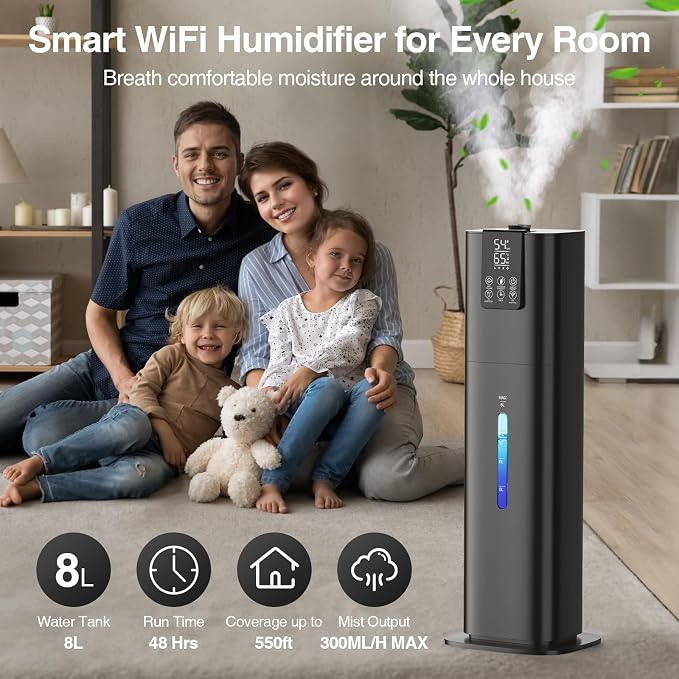 Smart Humidifiers Large Room Bedroom Home, 2.11Gal(8L) Quiet Top Fill Cool Mist Humidifier, Smart App & Remote Control, 3 Speed Humidifier with 360° Nozzle, Humidity Setting for Baby Office - Image 2