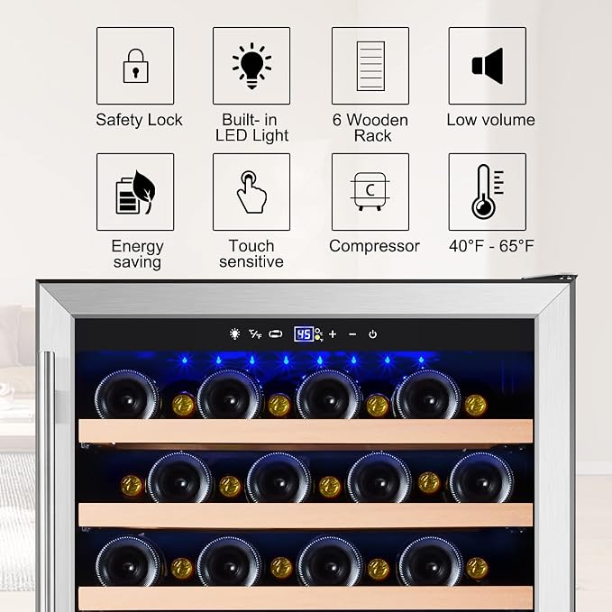 24 Inch Wine Fridge, 54 Bottles Wine Refrigerator, Under Counter or Freestanding, 40-65°F, Lock, Double Layer Tempered Glass Door, Wine Cooler Refrigerator with Adjustable Wooden Shelves - Image 3
