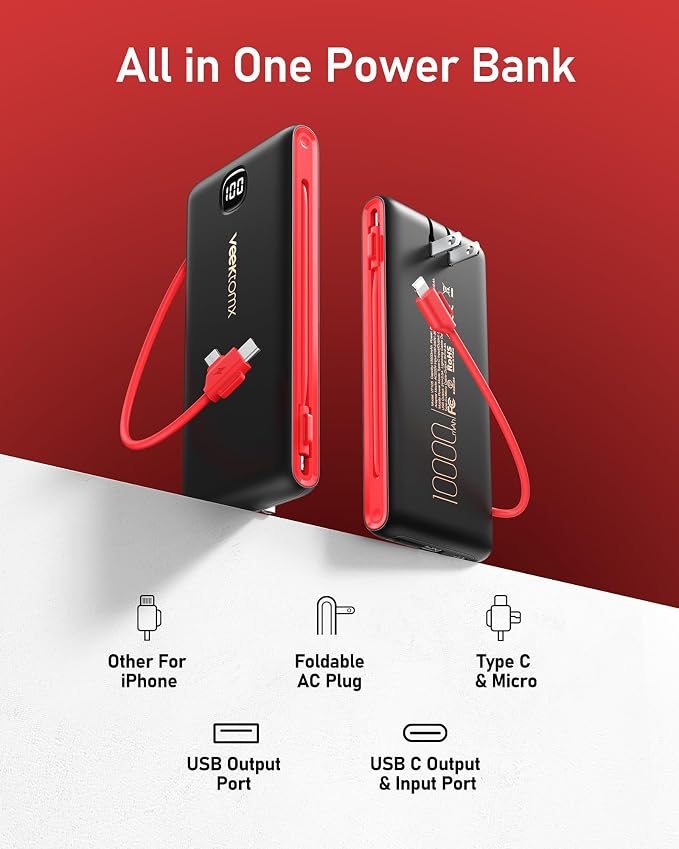 VEEKTOMX Portable Charger with Built in Cables 10000mAh, Power Bank for iPhone with AC Wall Plug, Fast Charging USB C Slim Battery Pack with LED Display Compatible with iPhone 17/16/15/14, Samsung - Image 2