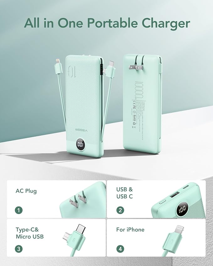 VEGER Portable Charger with Built-in AC Plug and Cables, All in One 10000mAh Ultra Slim Power Bank Travel Essentials, Fast Charging Battery Pack Compatible with iPhone, Samsung, Android (Green) - Image 2