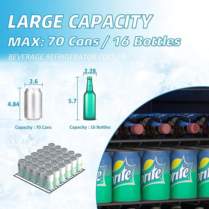 Compact Beverage Refrigerator, 1.7Cu.Ft/70 Can Mini Fridge with Glass Door and Digital Display, Small Drink Fridge with Adjustable Shelves for Soda, Beer, or Wine, Compact Fridge for Bedroom - Image 2