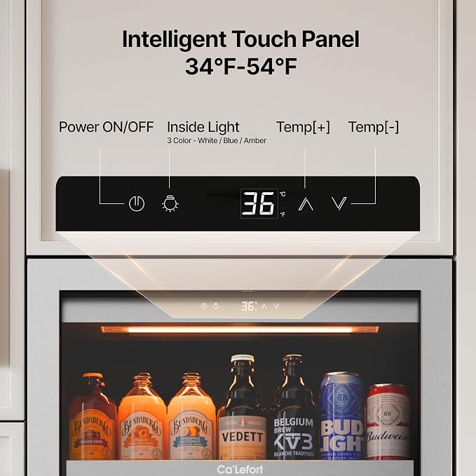 Ca'Lefort Beverage Refrigerator Cooler - 24 Inch Beverage Fridge 381 Can with Glass Door, Built-in or Freestanding Refrigerator with 3 Color LED, Drink Cooler for Soda Beer or Wine (Right-Hinged) - Image 4