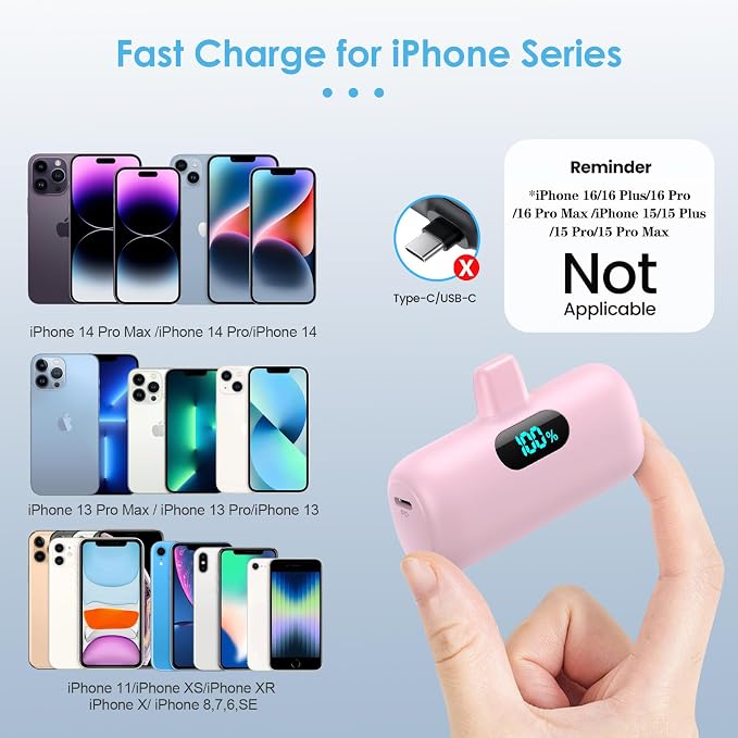 Mini Portable Charger for iPhone,Upgraded 5000mAh PD Fast Charging Battery Pack,LCD Display Cute Power Bank Portable Phone Charger for iPhone 14/14 Pro Max/13/13 Pro/12 Pro/11/XS/XR/X/8/7/6-Pink - Image 2