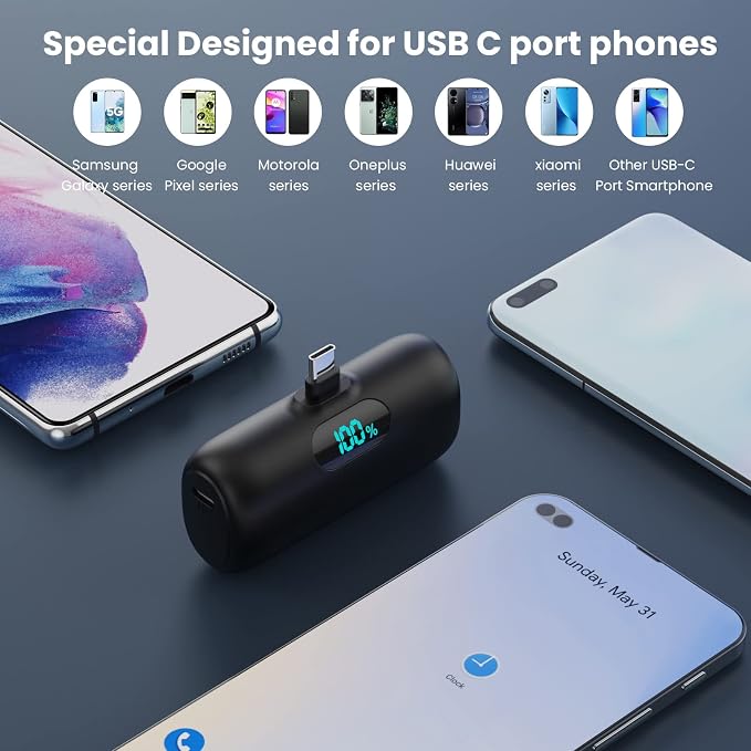 [2-Pack] Mini Portable Charger 5000mAh Power Bank,3A PD USB C Cell Phone Portable Power, LCD Display Battery Pack Compatible with iPhone 17/17 Air/16/16 pro/15/15 pro Max/Android/Samsung/Moto/LG etc - Image 2