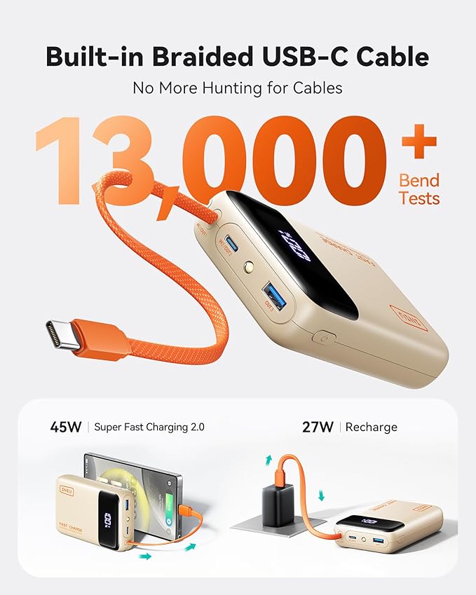 INIU 20000mAh Power Bank, Small Portable Charger, 45W PD Fast Charging Battery Pack with Build in USB-C Cable, Travel Phone Charger for iPhone 17 16 15 14 Air Samsung S25 S24 Google iPad Xiaomi, Beige - Image 4