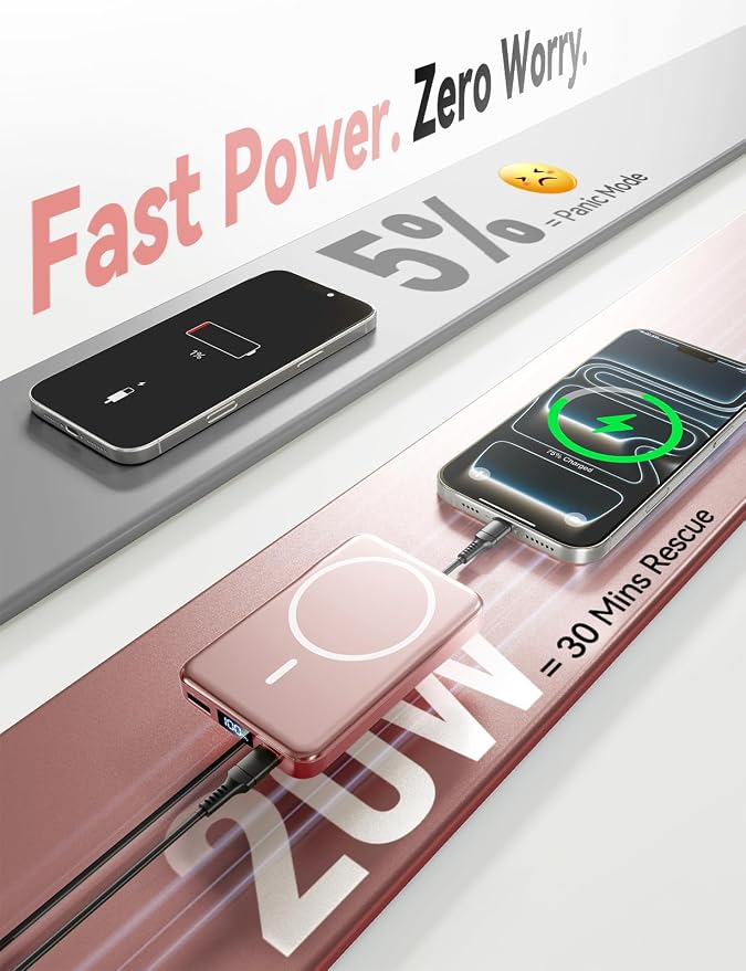 Aobbow Magnetic Portable Charger, 10000mAh for Magsafe Battery Pack, 20W Fast Charging Power Bank, Travel Essential of Wireless Charger Compatible with iPhone 17/16/15/14/13 Pro/Max/Air/Plus-Rosegold - Image 3