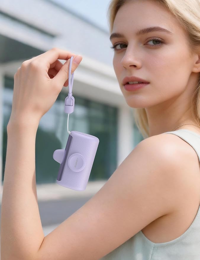 RORRY PalmGo Portable Charger, 10000mAh PD 22.5W Fast Charging Mini Power Bank with Built-in USB C Connector, 3-in-1 Battery Pack for iPhone 17/16/15 Pro/Max, Apple Watch Ultra/11/10/SE, iPad, Purple - Image 9