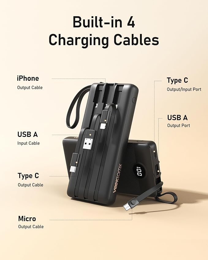 VEEKTOMX Portable Charger Built-in Cables,10000mAh Power Bank for iPhone,Fast Charge USB C Battery Pack Travel Essentials Powerbank Compatible with iPhone 17/16/15/14, Samsung S25/24, Android, etc - Image 2