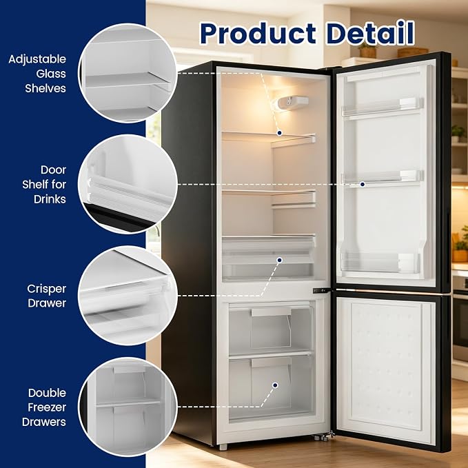 Apartment 7.1 Cu.Ft Refrigerator with Bottom Freezer Black | Office Fridge with Bottom Freezer, Large Capacity, Energy Saving, Adjustable Thermostat, Low Noise - Image 5