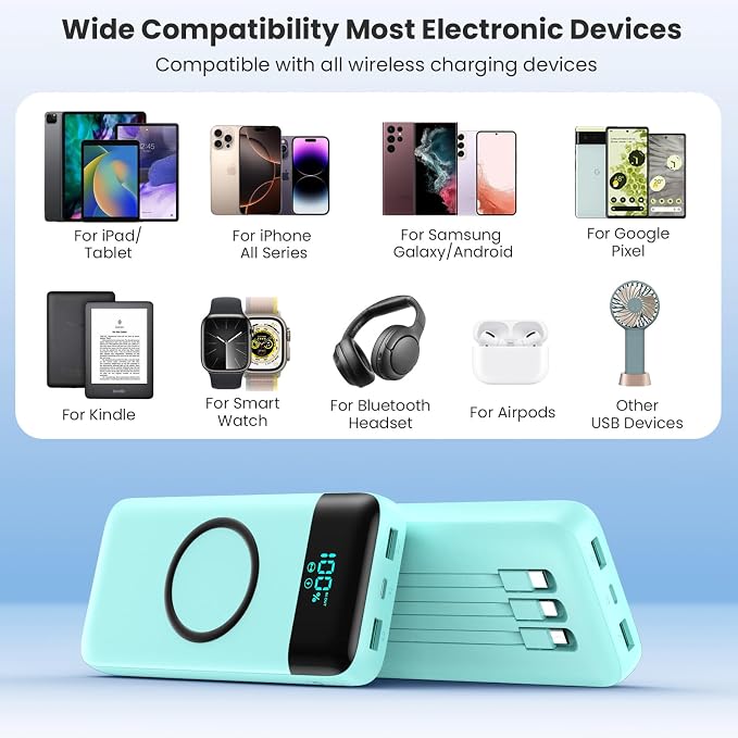Wireless Portable Charger 40800mAh for iPhone with 3 Built-in Cables,7-in-1 15W Wireless Charging USB C Power Bank,25W PD Fast Charging Travel Essential Battery Pack for iPhone 17/16/15,Android-Green - Image 7