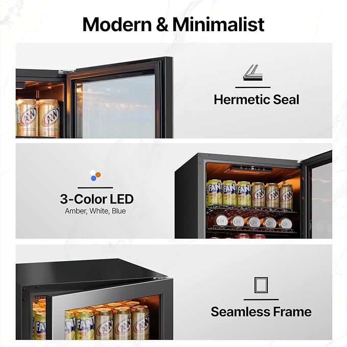 Ca'Lefort 130 Cans Mini Fridge, Beverage Refrigerator Cooler for Drink/Beer | 3.35 Cu.ft, Low-noise, Reversible Glass Door, 3-Color LED Lighting, Adjustable Shelves, 34℉ to 54℉ | Home Dorm Office Kitchen - Image 7