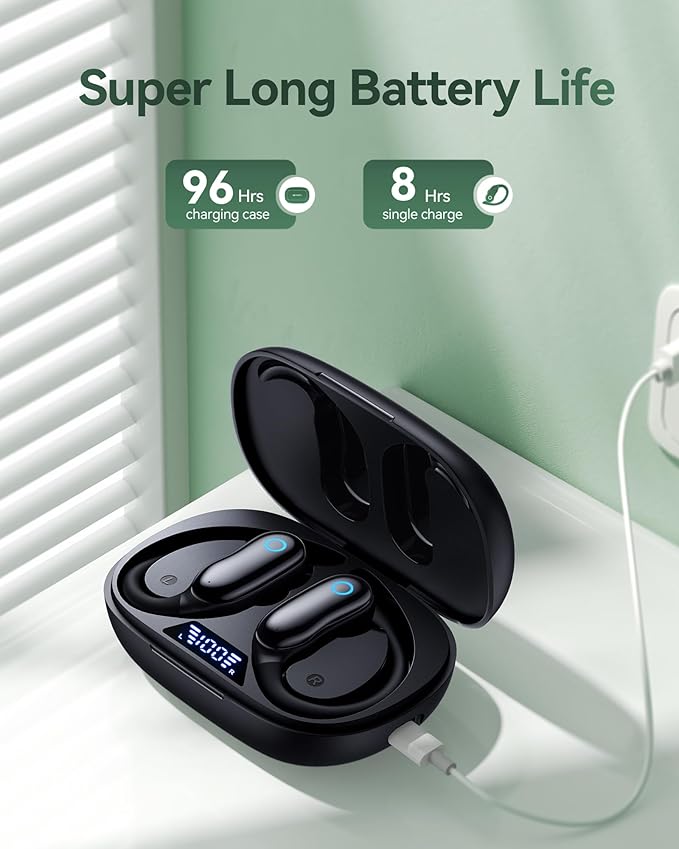 GNMN Active Noise Cancelling Ear Buds Wireless Earbuds 96hrs Playback Bluetooth Headphones Dual Battery Display Stereo Bass Earphones with Earhooks Microphone IPX7 Waterproof for Sports/Runing/Workout - Image 3