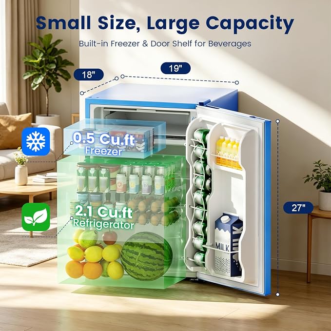 2.6 Cu Ft Small Fridge with Freezer for Office Blue | Mini Refrigerator for Dorm Bedroom, Compact Fridge, Energy-efficient, Low Noise - Image 2