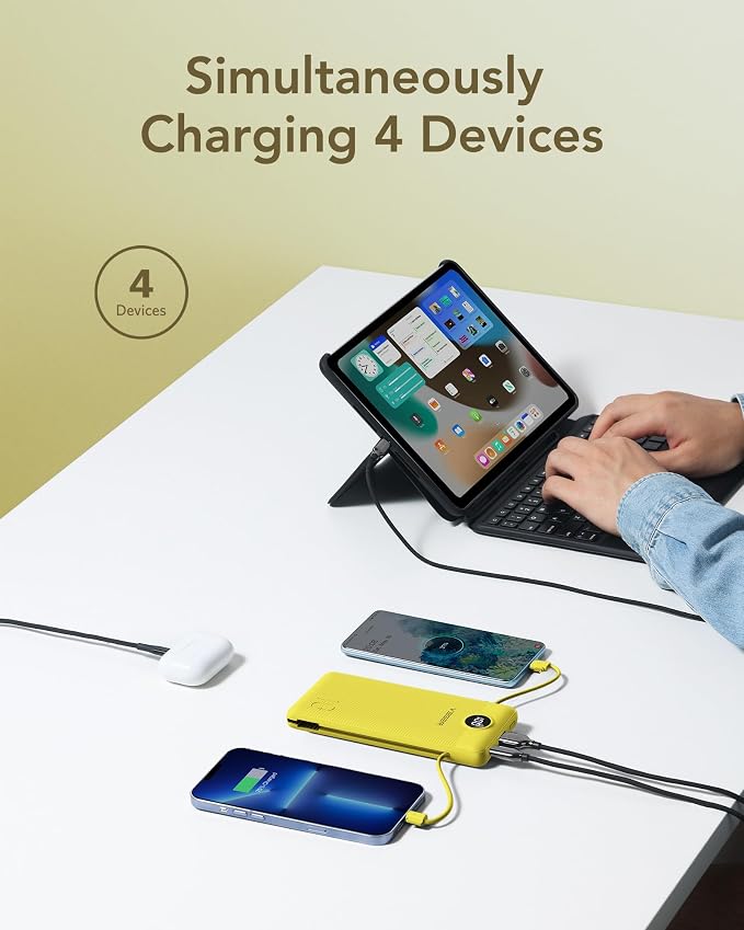 VEGER Portable Charger with Built-in AC Plug and Cables, All in One 10000mAh Ultra Slim Power Bank Travel Essentials, Fast Charging Battery Pack Compatible with iPhone, Samsung, Android (Yellow) - Image 4