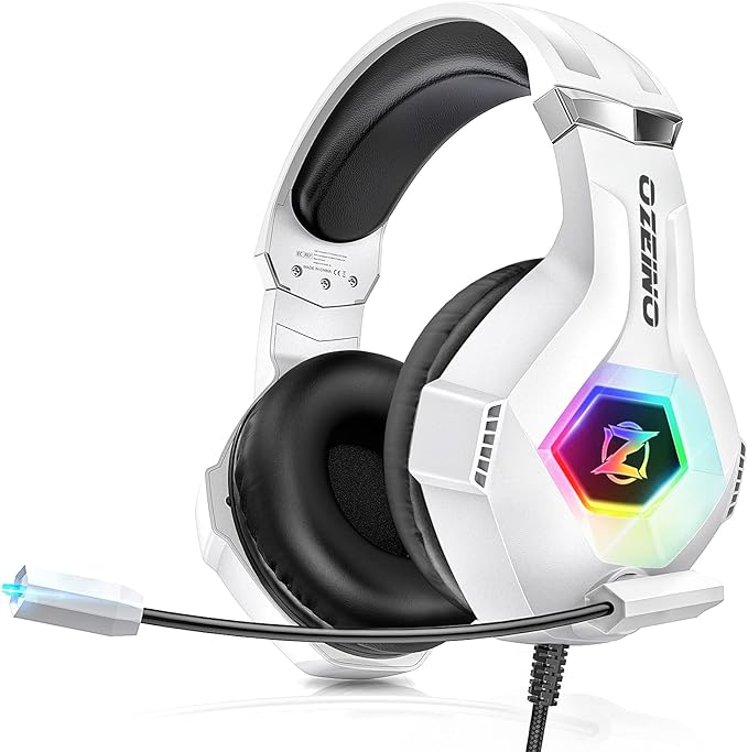 Ozeino Gaming Headset for PC, Ps4, Ps5, Xbox Headset with 7.1 Surround Sound Gaming Headphones with Noise Canceling Mic, LED Light Over Ear Headphones for Switch, Xbox Series X/S, Laptop, Mobile White by Ozeino