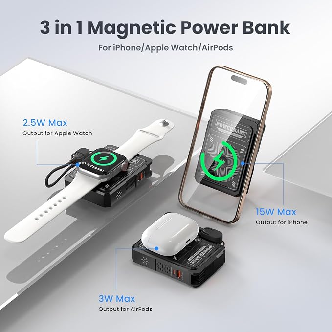 ummz for Magsafe Battery Pack 10000mAh,5-in-1 Magnetic Portable Charger with Wall Plug, Wireless Power Bank for Apple Watch,22.5W Fast Charging PowerBank for iPhone 17 Pro Max/16/15/14/13/12 Mini - Image 2