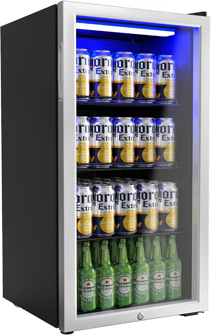 Bonnlo 130 Cans/3.3 Cu.Ft Beverage Refrigerator Cooler with Glass Door & Safety Lock, Quiet Mini Drink Fridge with Adjustable Shelf & Feet, Small Wine Cooler for Bedroom, Bar & Office, 32-50°F, 115V by Bonnlo