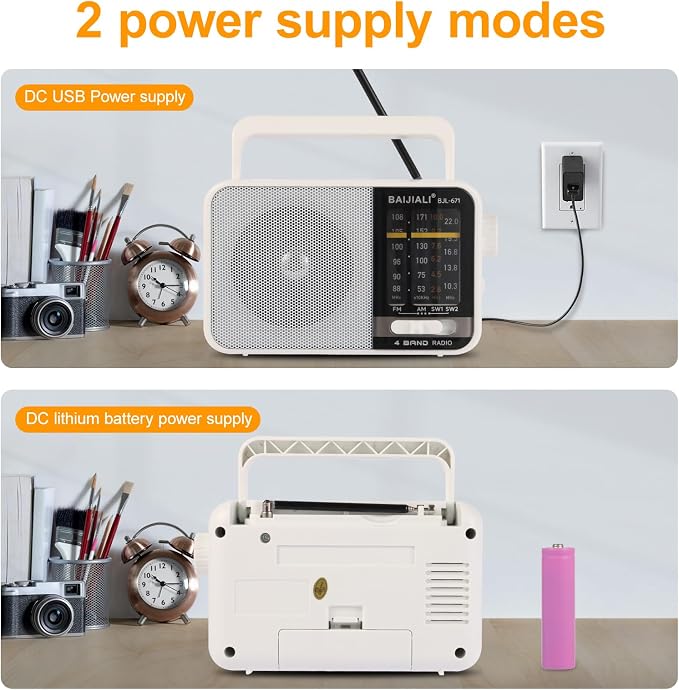 BAIJIALI AM FM SW Portable Radio - Dual Power (Battery/USB) Emergency Receiver with Loudspeaker, Transistor Design for Indoor/Outdoor, Travel & Survival Kit Ready (White, BJL-671) - Image 4