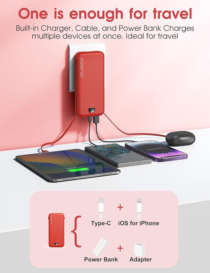 citicr Portable Charger Power Bank, 10000mAh PD20W USB C Fast Charging with Built-in Cables & Wall Plug, 5-in-1 Battery Pack with LED Display, Ultimate Travel Essential for iPhone, iPad, Samsung Red - Image 4