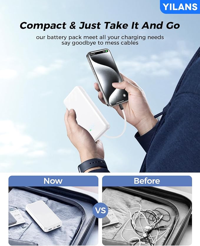Portable Charger,50000mAh Power Bank Built-in Cable, 22.5W PD USB C In & Out Fast Charging, External Battery Pack with 6 Output & 2 Input, Travel Phone Charger for iPhone 17/16/15/14/13/12(White) - Image 4