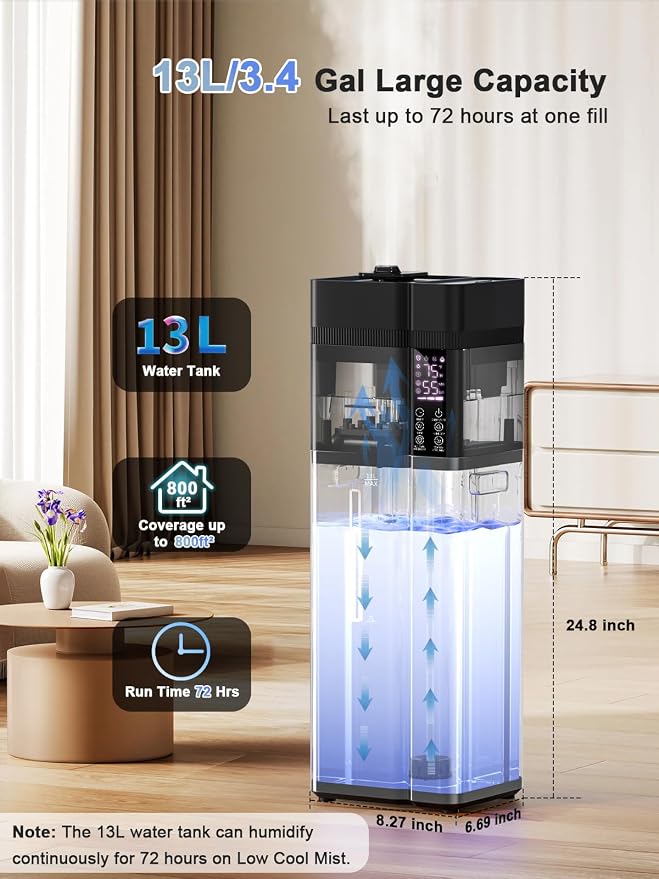 13L/3.4Gal Humidifiers for Bedroom, Ultrasonic Warm & Cool Mist Humidifier Large Room, Covers 800ft², 72H Runtime, 24H Timer, 3 Mist Modes Top Fill Quiet Humidifiers for Home, Office, Black - Image 4