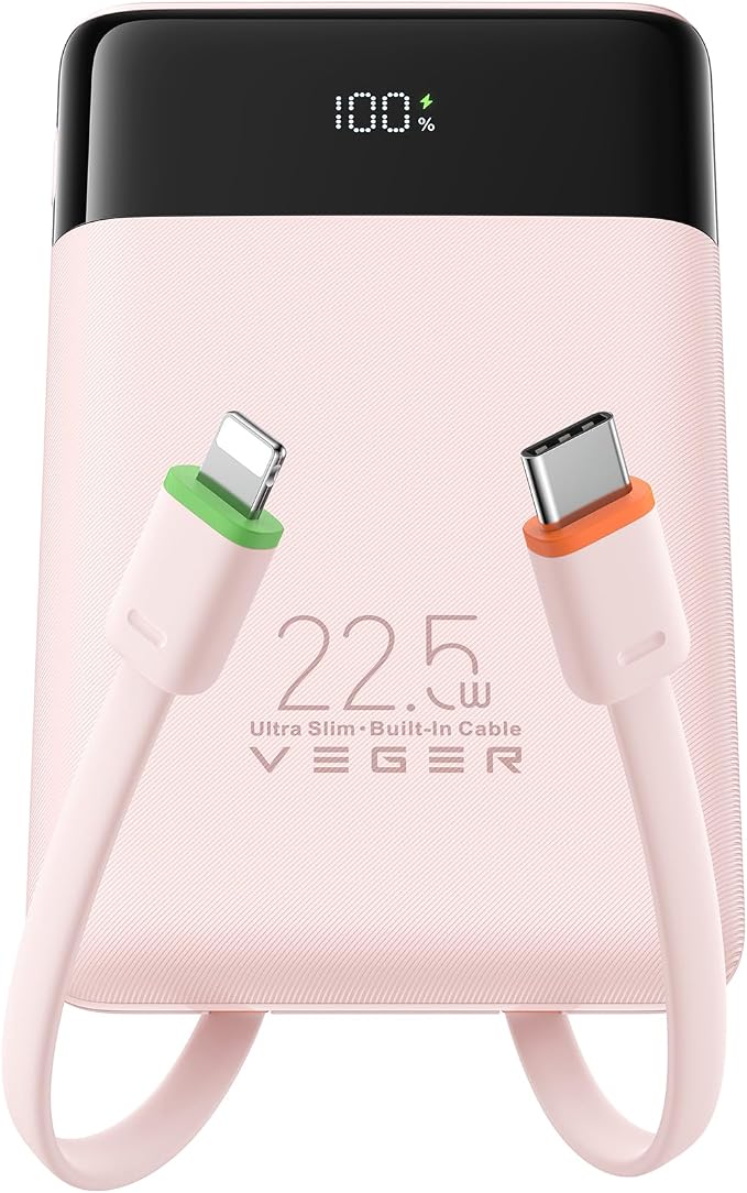 VEGER Portable Charger, Ultra Slim 22.5W Fast Charging with Built in Cable, Flight-Safe 10000mAh USB C Power Bank Battery Pack, Travel Essential Phone Powerbank for iPhone 17 16 Samsung S25 Google etc by VEGER