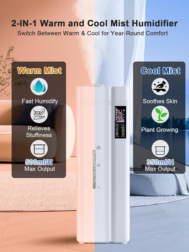 13L/3.4Gal Humidifiers for Bedroom, Ultrasonic Warm & Cool Mist Humidifier Large Room, Covers 800ft², 72H Runtime, 24H Timer, 3 Mist Modes Top Fill Quiet Humidifiers for Home, Office, White - Image 2