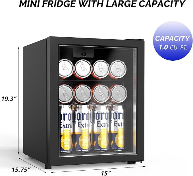 Bonnlo 46 Cans/1 Cu.Ft Beverage Refrigerator Cooler with Glass Door, Quiet Mini Drink Fridge with Adjustable Shelf & Feet, Small Wine Cooler for Bedroom, Bar & Office, 43-64°F, 115V - Image 6