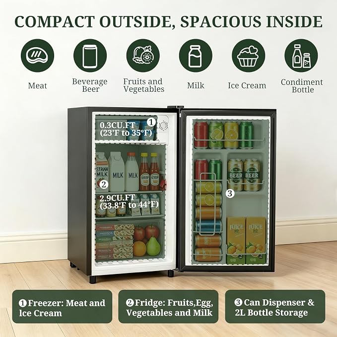 Mini Fridge with Freezer, 3.2 Cu.Ft Compact Single Door Refrigerator with Adjustable Thermostat, Low Noise & Energy Efficient (0.41kWh/Day), Small Fridge for Bedroom, Dorm, Office, Apartment (Black) - Image 3