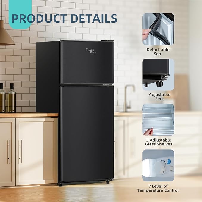 Cucina Magica Mini Fridge with Freezer, 3.8 Cu.Ft Small Fridge, Energy Saving, Low Noise,7 Adjustable Thermostat, Double Door Small Refrigerator for Dorm, Bedroom, Office - Image 6