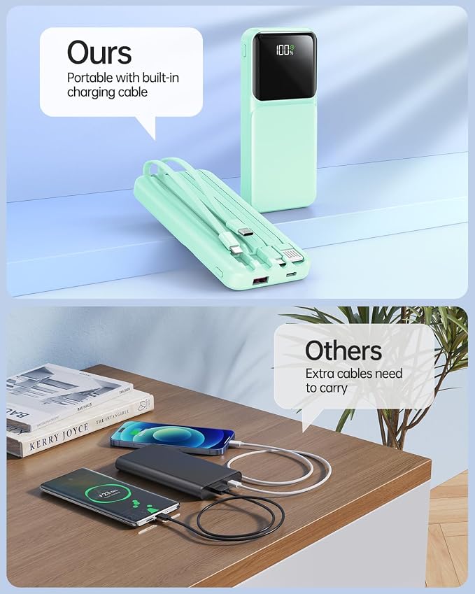 RONEGN Portable Charger with Built in Cable - Power Bank Fast Charging USB C LED Display 10000mah Battery Pack 5 Outputs & 3 Inputs for Travel Essentials iPhone Samsung Android Phones Tablets Cyan - Image 8