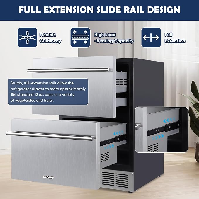 24 Inch Double Drawer Fridge, Stainless Steel Outdoor Beverage Refrigerator for Patio and Kitchen, Freestanding or Built-In, Mobile Grid Organizer, Home and Commercial Use - Image 3