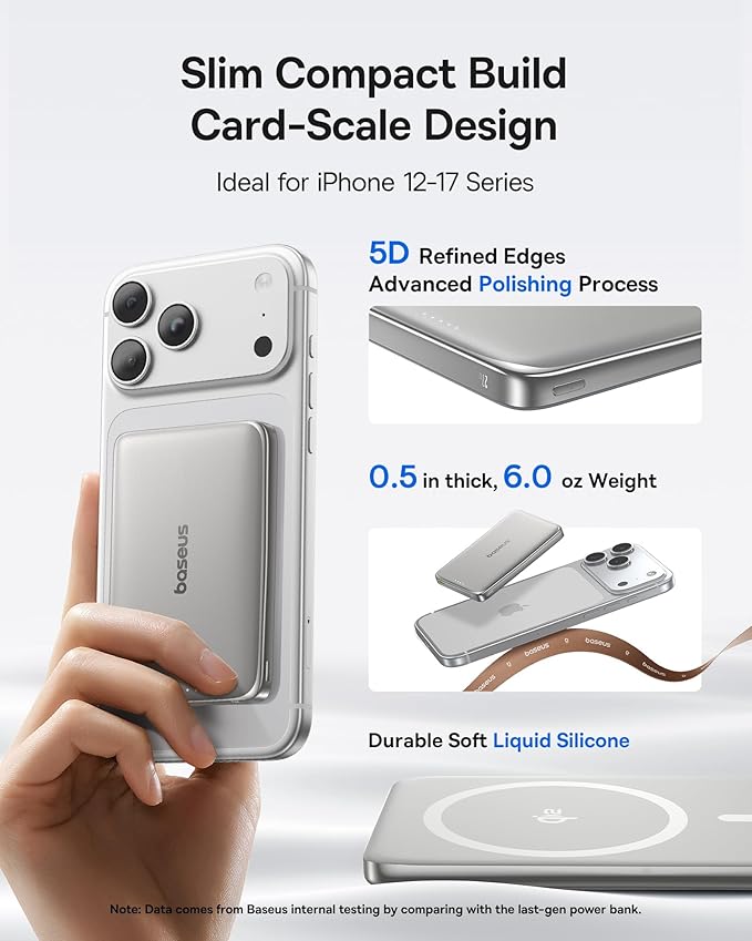 Baseus Picogo Power Bank, 0.5" Ultra Slim 10000mAh MagSafe Portable Charger, 27W Fast Charging Magnetic Battery Pack, Upgraded Polished Alloy Wireless Charger for iPhone 17 Pro Max/Air/16/15/14/13/12 - Image 2