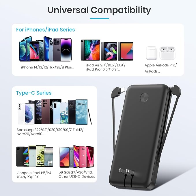 Portable Charger for iPhone with Built in Cables & Wall Plug,10800mah Travel Essentials Power Bank,4 Output LCD Display External Battery Pack Phone Charger for iPhone 17/16/15/14,Galaxy,Android etc - Image 6